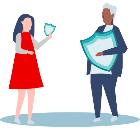Illustration of two people talking hold shields that represent safety