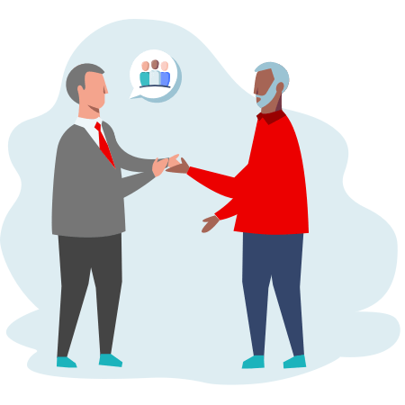 Illustration of two people shaking hands talkin abstractly about strategy