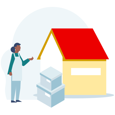 Illustration of a house with a person in an apron next to some boxes